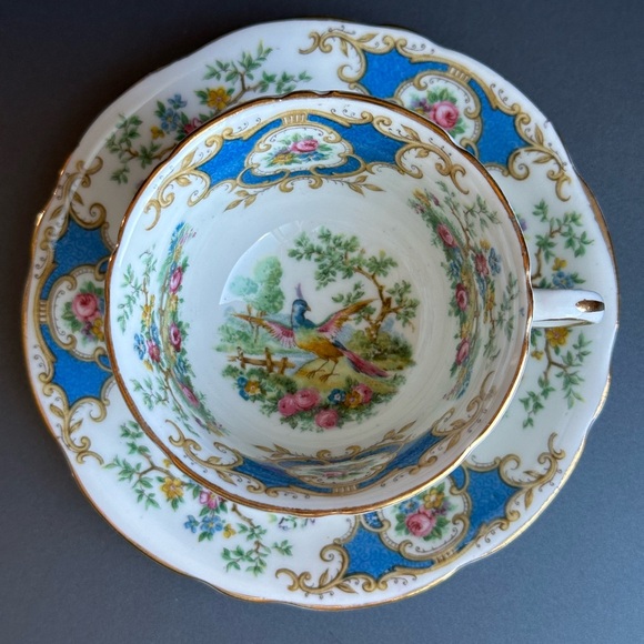 Foley English Bone China DEMITASSE Teacup Saucer ‘Broadway’ Bird Blue Scrolls - Picture 3 of 13